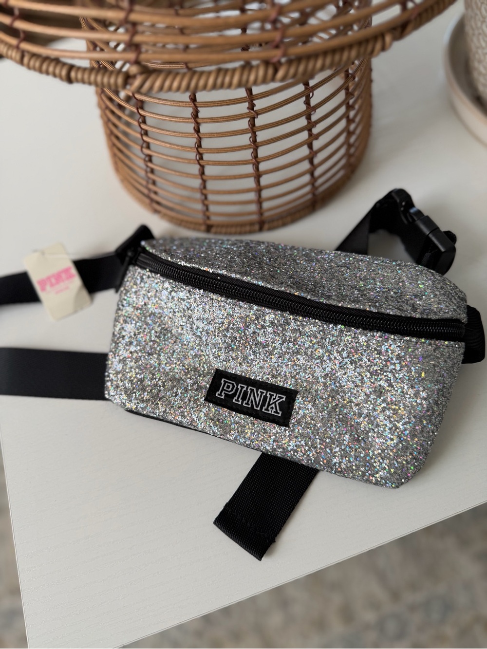 PINK Victoria's Secret Silver Glitter Crossbody Waist Bag
